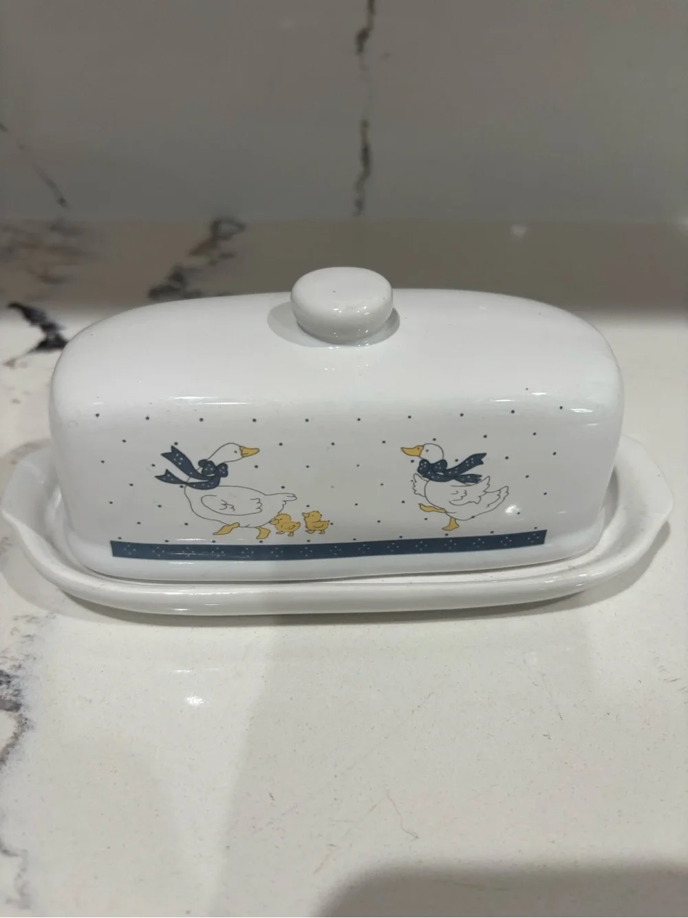 White Ceramic Butter Dish with Duck Family Design